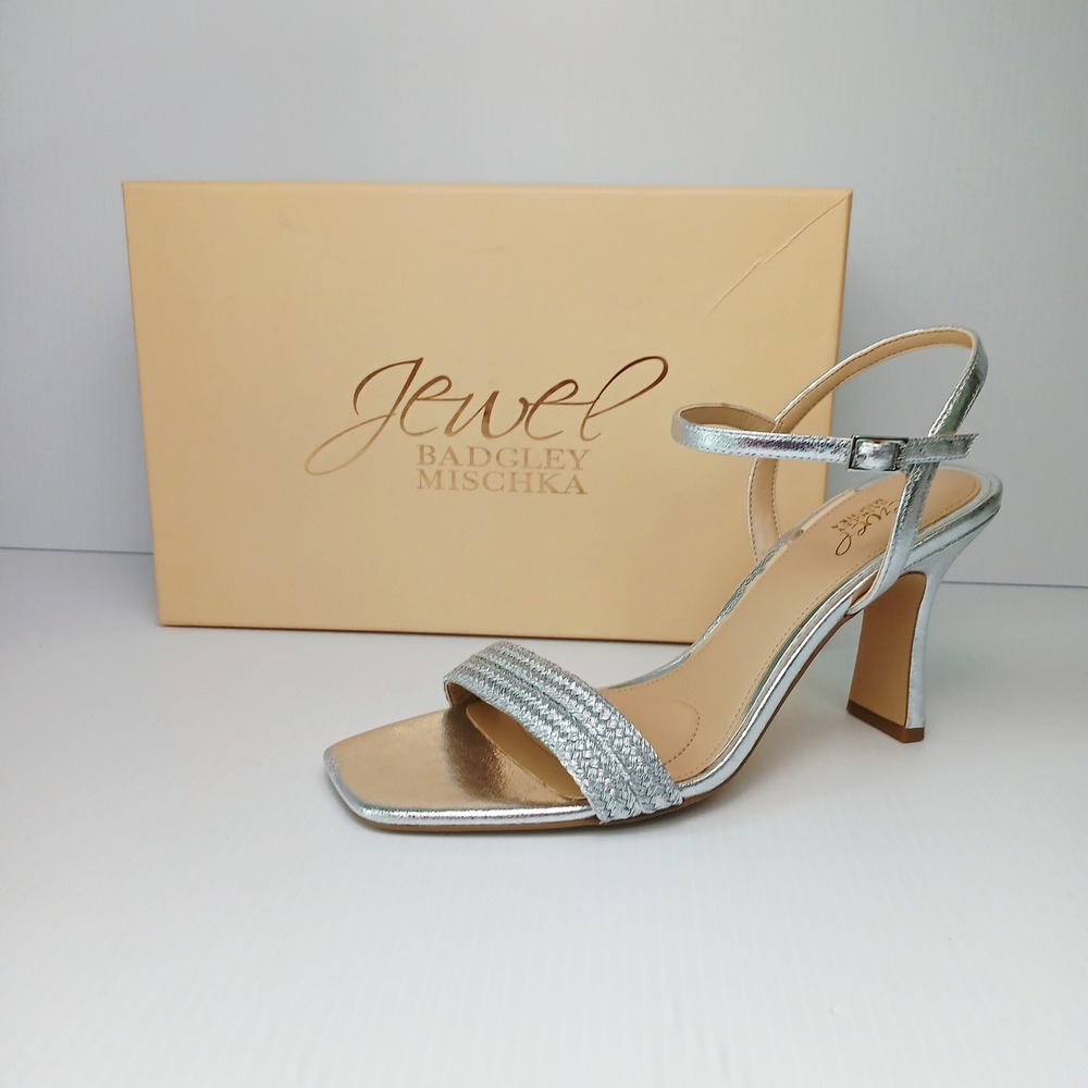 Jewel Badgley Mischka Heddia Silver Metallic Braided Heel Sandals Womens 9.5 NEW